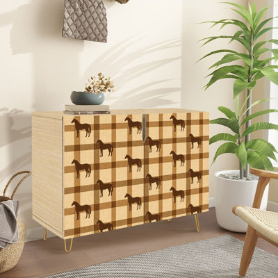 Buffet Buffet avec rangement Rustic Plaid Brown Horse Silhouettes Beige avec 2 portes pour le salon et la cuisine