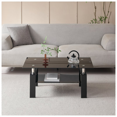 Table basse en verre trempé noir avec pattes en métal, table d'appoint moderne à 2 niveaux pour salon
