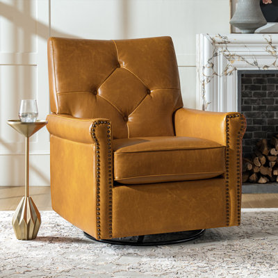 Stratton 31"W Transitional  Genuine Leather Swivel Rocker Chair with Tufted Back and Nailhead Trim