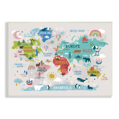 Landmarks & Wildlife Illustration World Map Diagram Chart Wall Plaque Art by Lisa Perry Whitebutton
