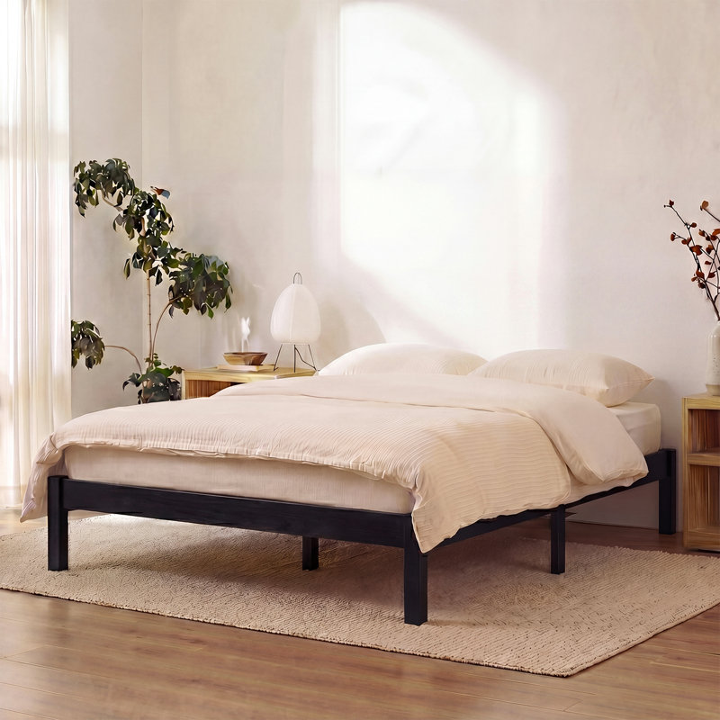 Lit plateforme classique en bois massif, double, finition noire, aucun sommier requis, assemblage facile, Cadre seulement
