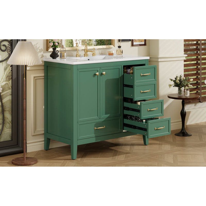 Meuble-lavabo de 36 po avec lavabo en céramique teinté, structure en bois de pin, meuble sous-lavabo, rangement à tiroirs multiples, design, tous les composants sont emballés de 36 po dans une fabrication solide brillante, porte A