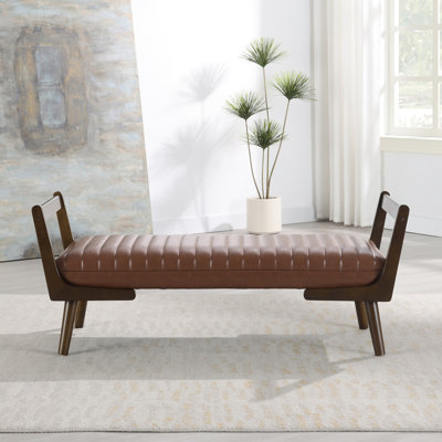 Banc de style Mid-Century moderne de 52 po avec pieds en bois de noyer, repose-pieds rembourré cannelé pour le salon, design brun de 52 po, chambre à coucher en tissu doux