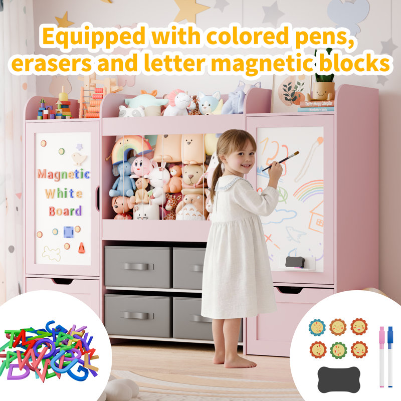 61"W Toys Storage Organizer, Kids Bookcases with Stuffed Animal Storage, 2 Movable Drawers, 4 Storage Bins and 2 Magnetic Drawing Board, Montessori Bookshelf for Kids Room, Playroom, Bedroom, Pink