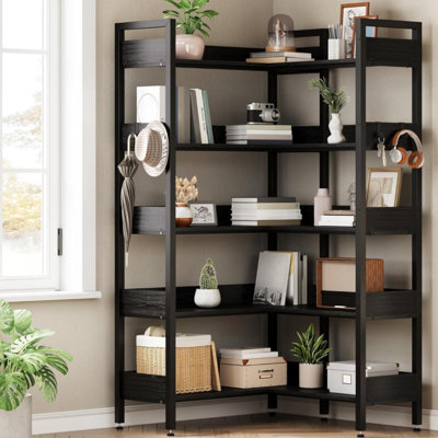 Corner Bookshelf, 5-Tier L-Shaped Industrial Bookcase, Convertible Storage Display Shelf for Living Room or Office