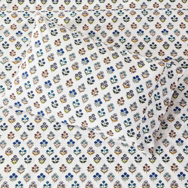 Sumita Floral Printed Cotton Percale Sheet Set, Blue, King Sheet Set with 2 King Pillowcases