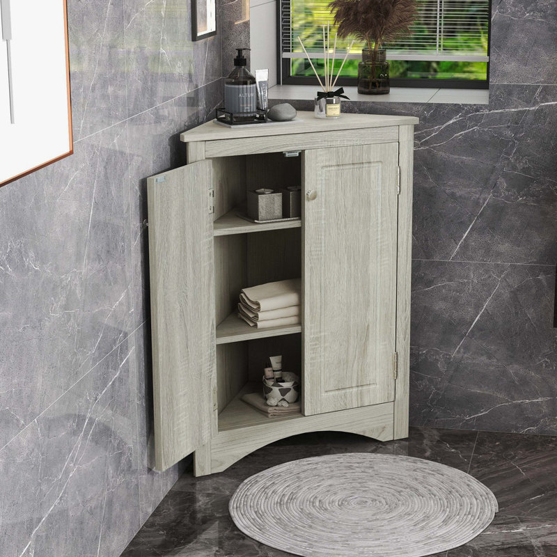 Oak Finish Freestanding Triangle Bathroom Floor Cabinet With Adjustable Storage Shelves