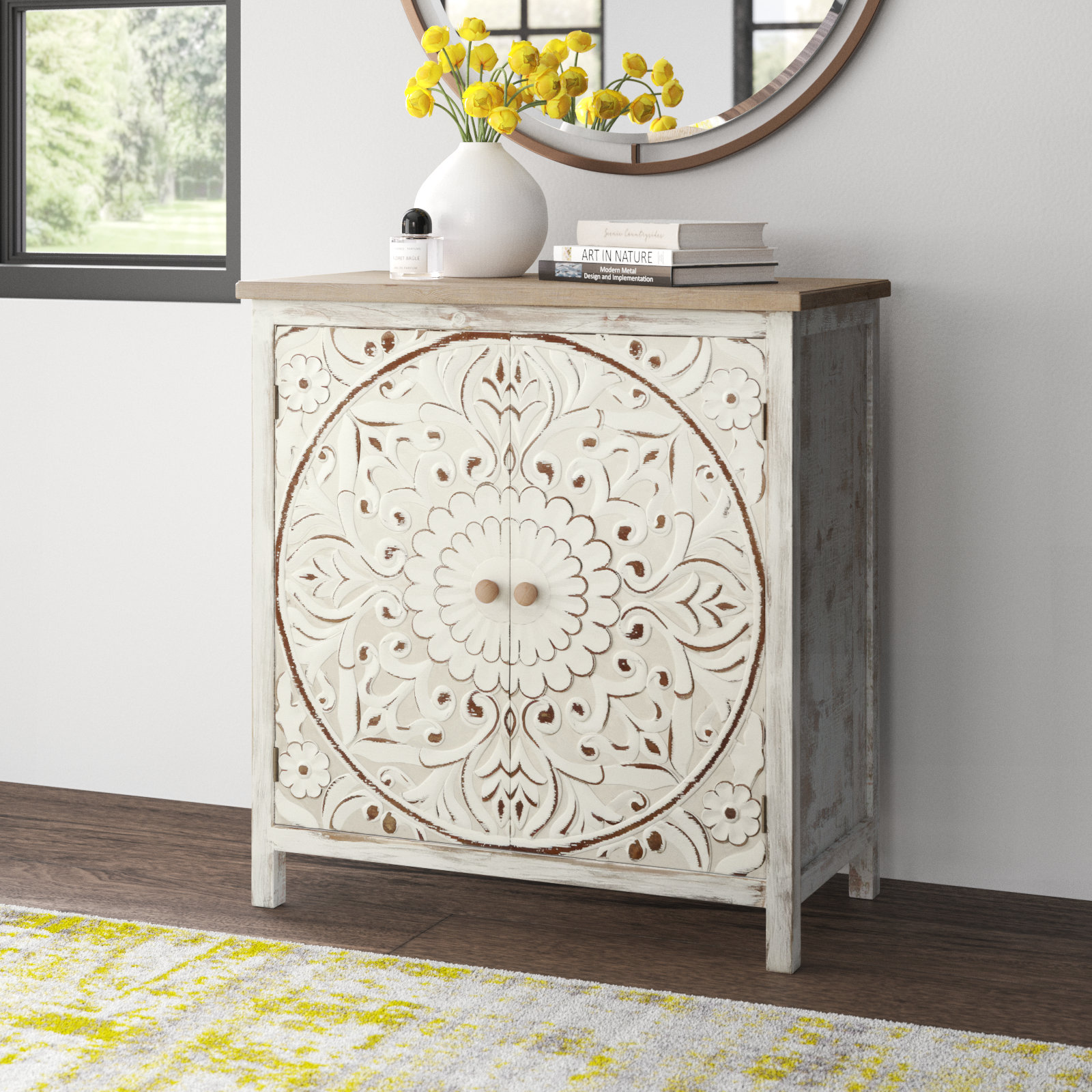 Small Narrow Rustic Cabinet w/Shelves & Drawers Whitewashed Wood w/Metal  Accents