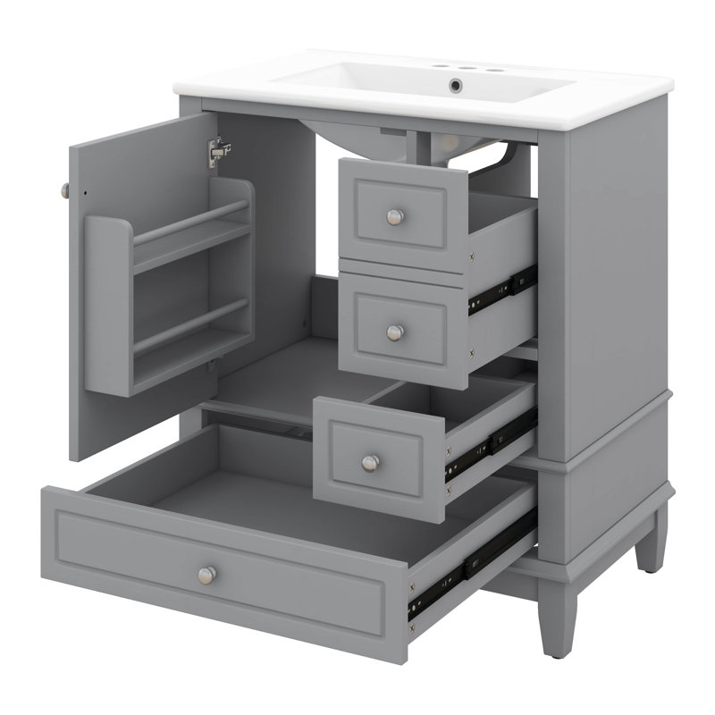 Meuble-lavabo de 30 po avec lavabo simple, armoire de salle de bain moderne avec une porte et une tablette à fermeture douce et trois tiroirs