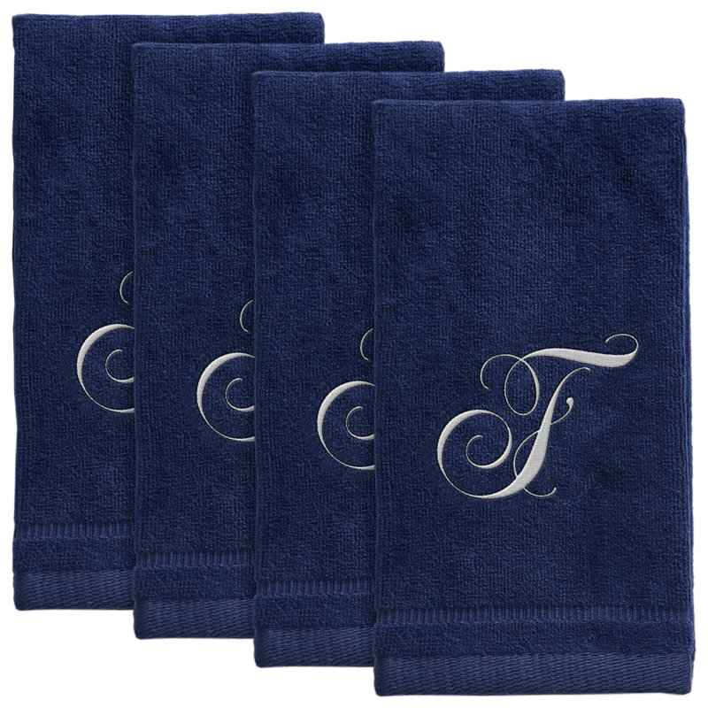 Ensemble de 4 serviettes monogrammées bleu marine - brodées blanches, F