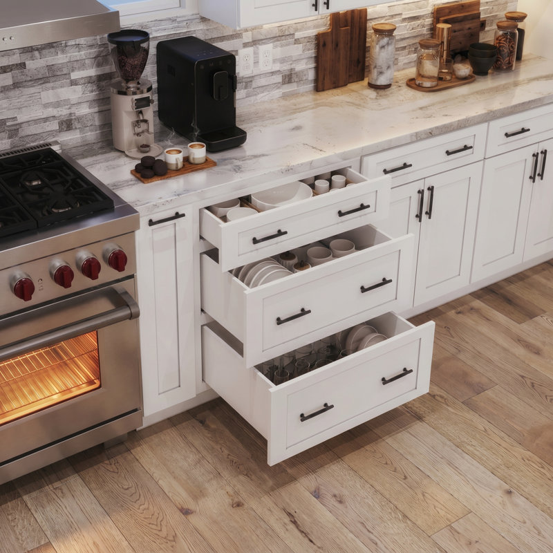 Armoire de cuisine Modern Shaker avec 3 tiroirs, structure en bouleau massif, glissières Dtc à fermeture en douceur à extension complète, tablettes réglables, options de largeurs multiples (12 po à 36 po)