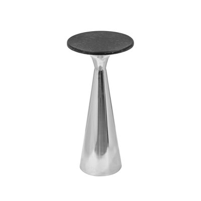 Table d'appoint argentée avec plateau en marbre noir - table de bout à piédestal en métal de 25,5 po