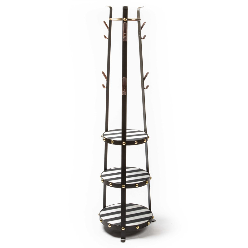 Black and White Iron Coat Tree with Leather Shelves