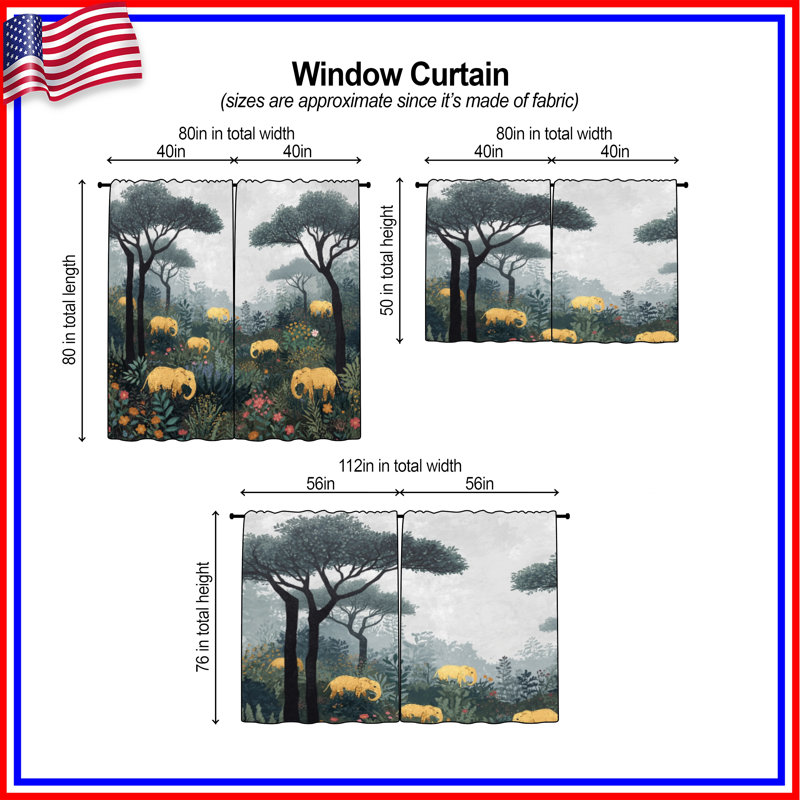Éléphants dans la forêt Rideaux de fenêtre Éléphants diaphane et obscurcissant - 2 panneaux, 40in x 61in - 2 panels, Sheer