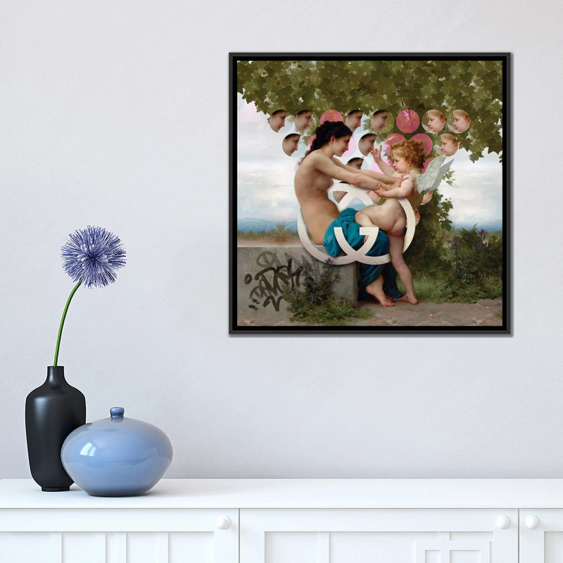 «Girl & Cupid», impression sur toile, H 18 po x l 18 po x P 1,5 po, Toile encadrée noire, Pas de tapis