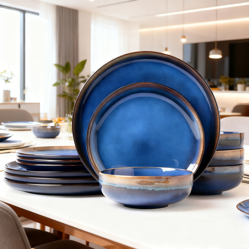 Service de table 12 pièces en grès bleu, service pour 4