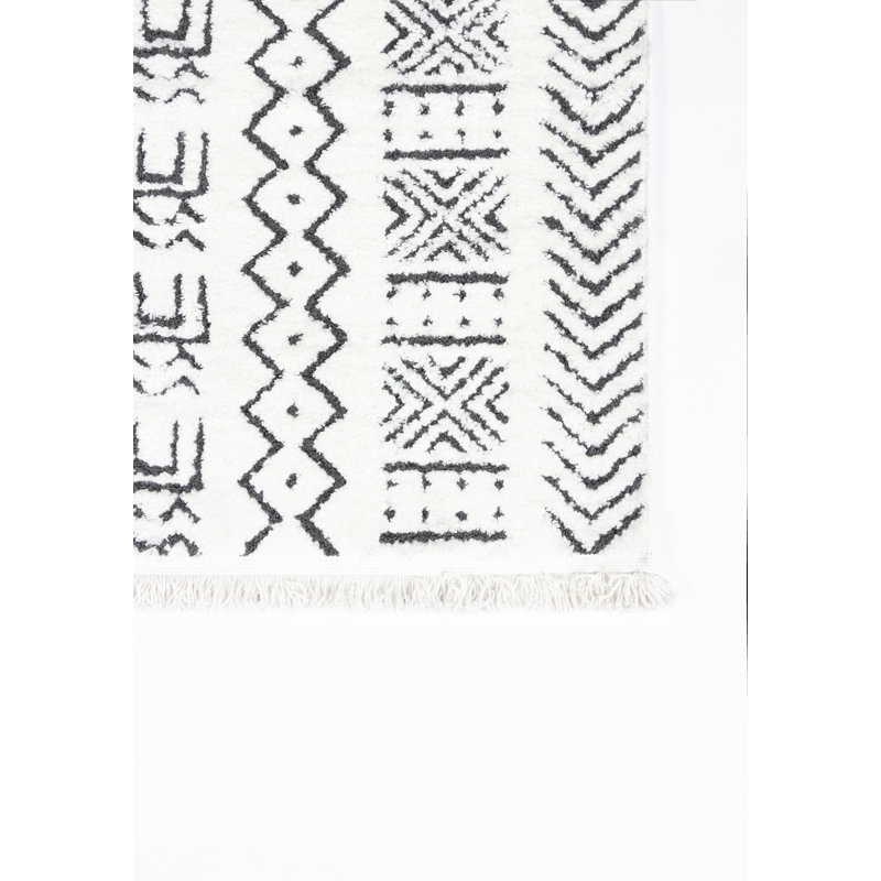 Ivory and Charcoal Geometric Stripe Synthetic Area Rug