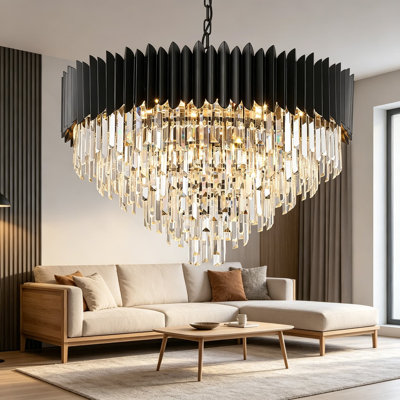 Lustre en cristal noir de 30 pouces, luminaire suspendu en cristal K9 à 6 niveaux, grand lustre rond moderne réglable de 15 lumières pour le vestibule, la cuisine, le vestibule et la salle à manger