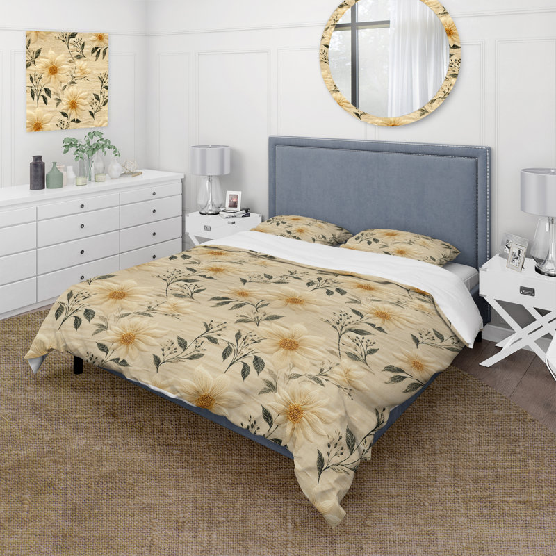 Literie jonquille rétro verte et beige, Housse de couette pour très grand lit et 2 très