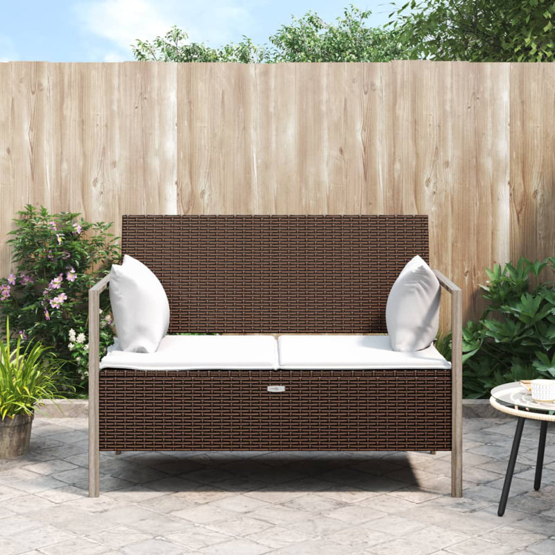 Banc de patio 2 places avec coussins en rotin de polyester, Structure brune / coussin blanc crème