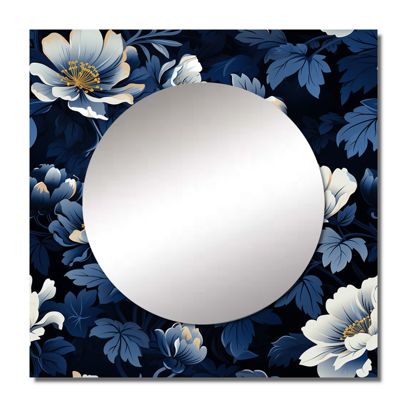 Nightfall Dark Blue And White Floral Pattern I - Floral Square Living Room Wall Mirror Art, 36" x 36"