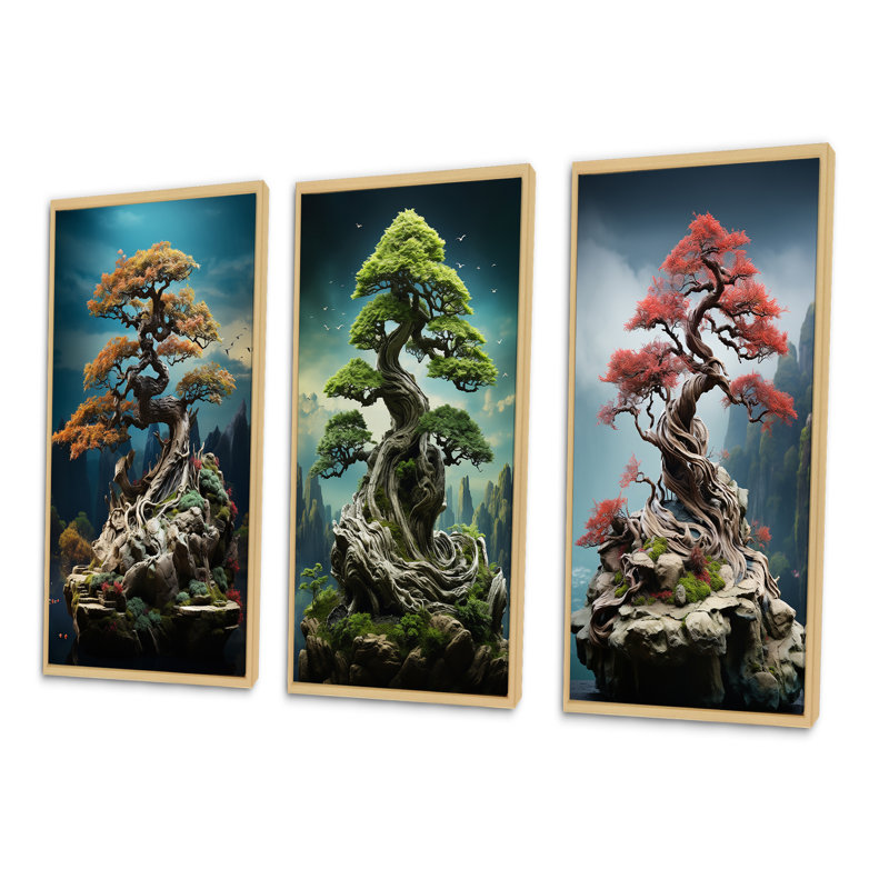 «Asian Art Bonsais Wisdom», 3 pièces sur toile, Encadré naturel, H 28 po x l 36 po