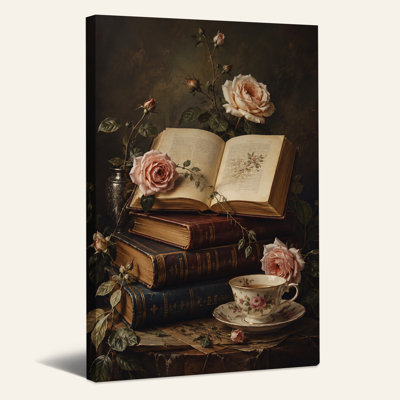 Art rétro sur toile, livres rétro et roses roses avec tasse de thé