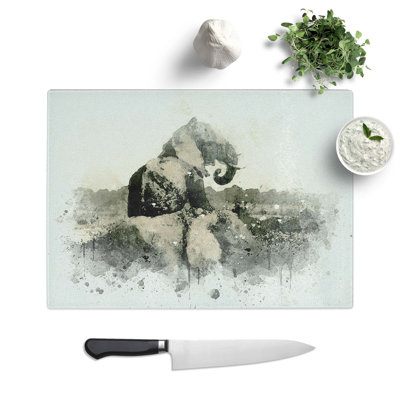 Tempered Glass Two Elephants in Abstract Chopping Board