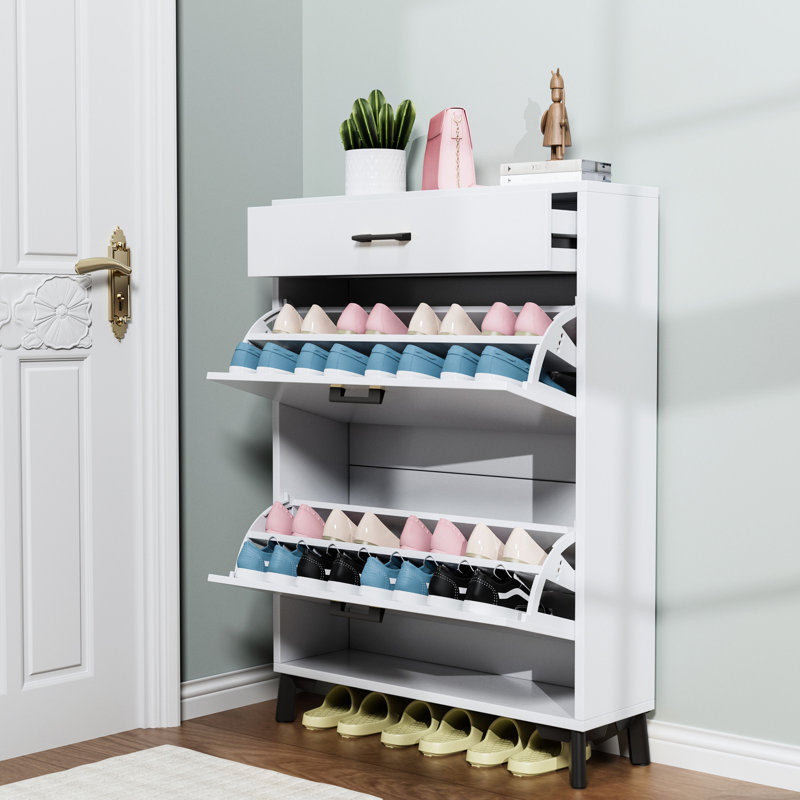 Armoire à chaussures autoportante - 2 tiroirs rabattables, blancs, peu encombrants, White