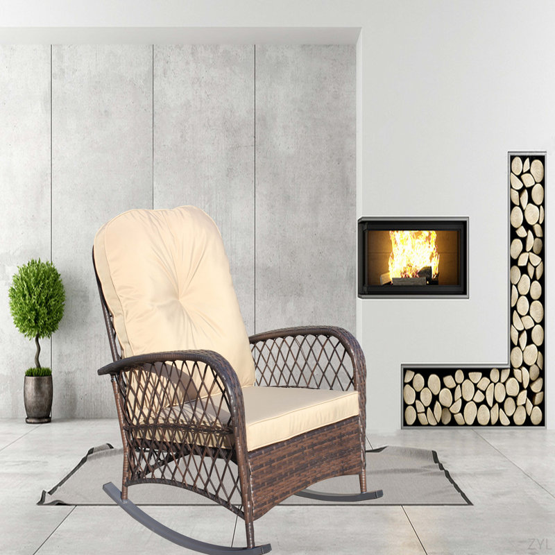 Outdoor Wicker Rocking Chair With Wide Seat, Thick, Soft Cushion, Rattan Rocker W/Steel Frame, High Weight Capacity For Patio, Garden, Backyard, Cushion
