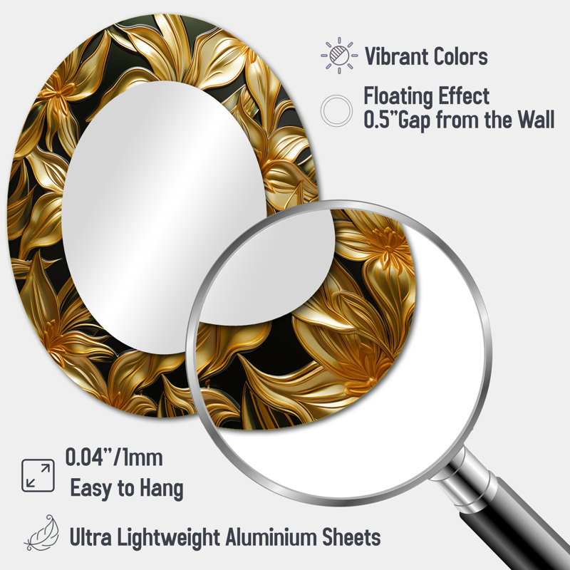 Golden Lily Flower Glam On Black IV - Floral Oval Decorative Mirror On Metal, 43" x 33"