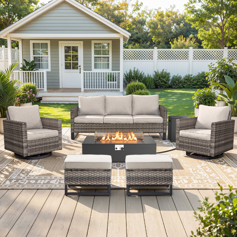 Hansencamp 6-Piece All Weather Wicker Patio Conversation Set With Swivel Gliders, Ottomans And Split Fire Pit Table, Gray