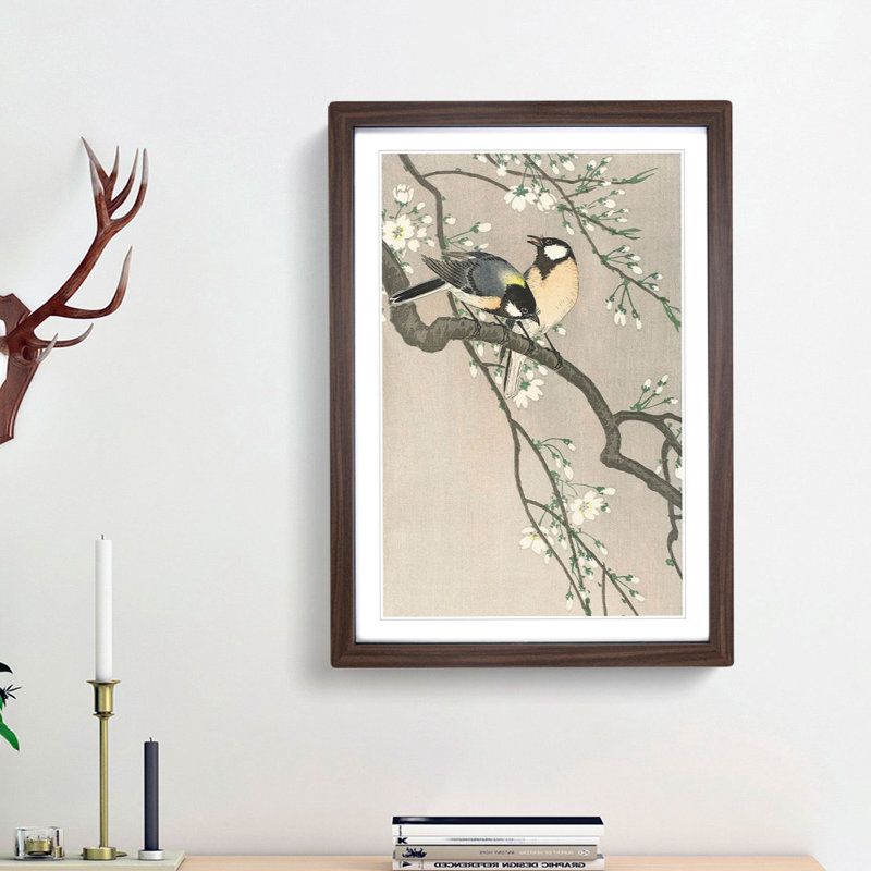 Tits on a Cherry Branch by Ohara Koson - Framed Print, 65cm H x 48cm W x 2cm D, Walnut Framed