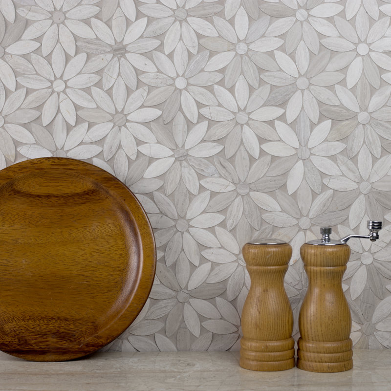 Tuscany 12 in. x 12 in. Marble Pressed Edge Flower Mosaic Decorative Kitchen & Bathroom Wall Tile, Calacatta White