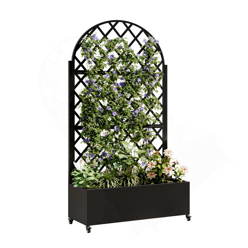 Round Metal Planter Box With Trellis, 73"X35"X16 Metal Raised Garden Bed With Trellis, Metal Planter Box With Drainage Holes & Lockable Wheels & Privacy Screen For Climbing Plants, Vegetables, Vines