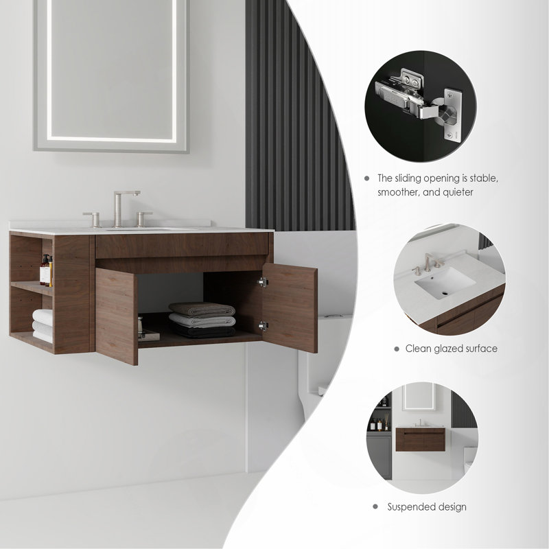 Meuble-lavabo flottant 36 po avec lavabo, porte à fermeture douce, comptoir en granite blanc 0,6 po et dosseret, contreplaqué