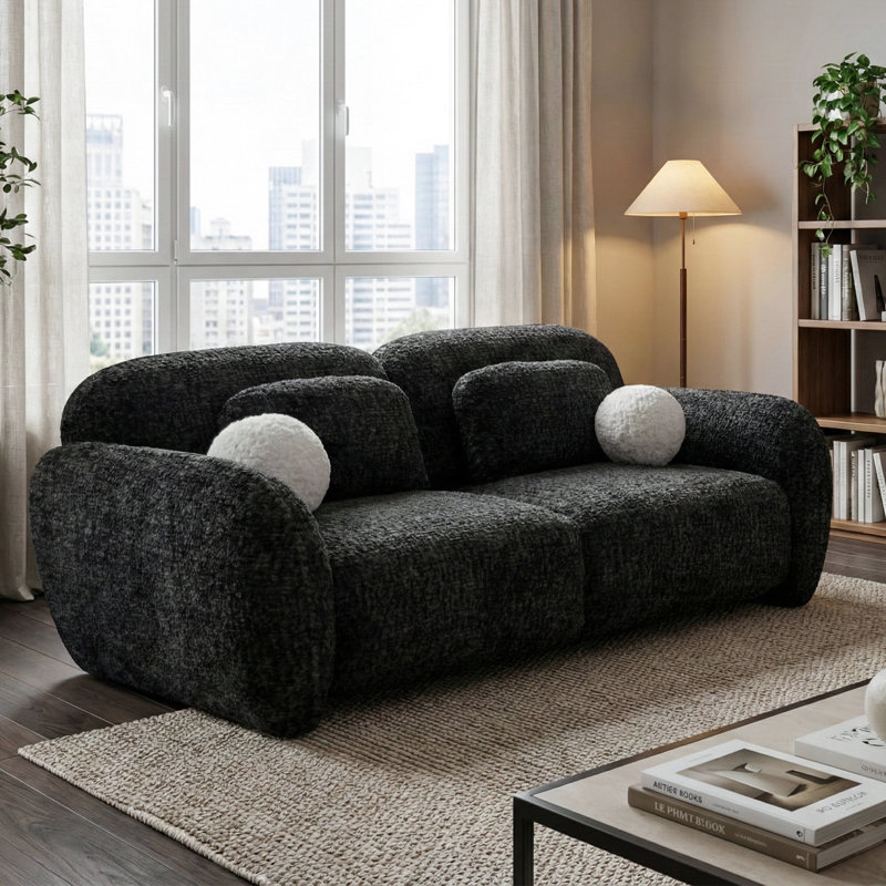 Causeuse en chenille 71 "avec coussins décoratifs Alysa, Noir