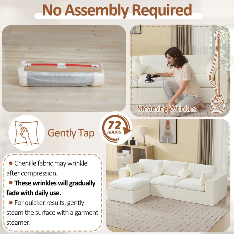 Canapé modulaire à compression avec repose-pieds, Chenille beige, H 38,6 po x l 155,1 po x P 74,8 po