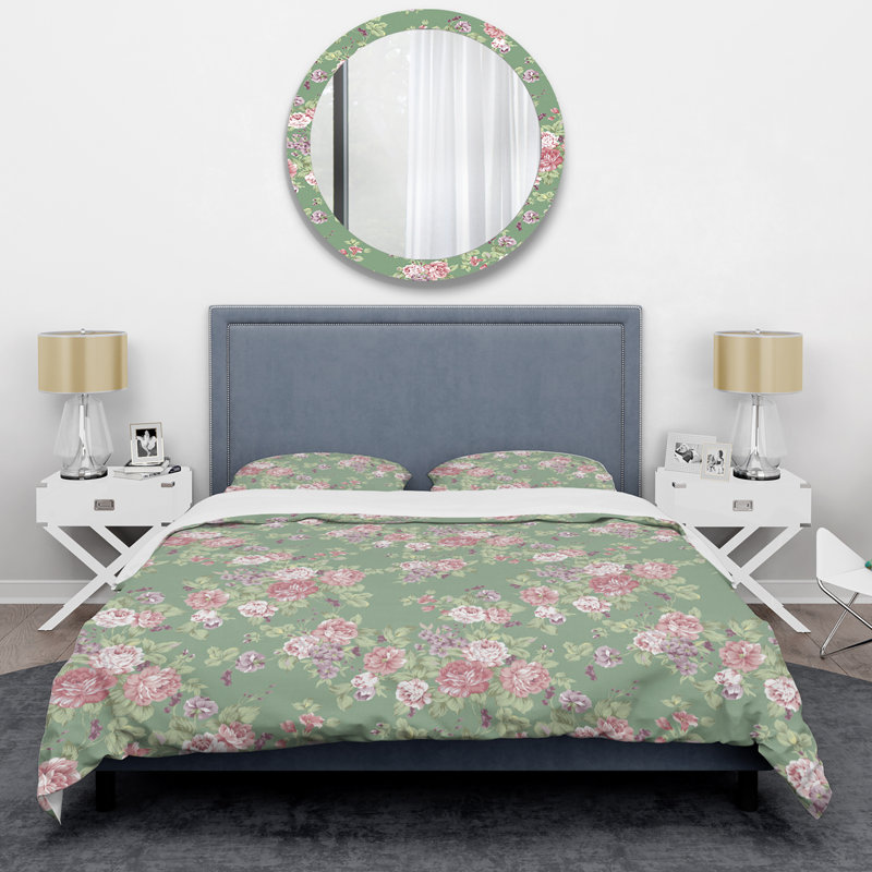 Fleurs roses et feuille - Ensemble de housse de couette floral - Polyester en microfibre
