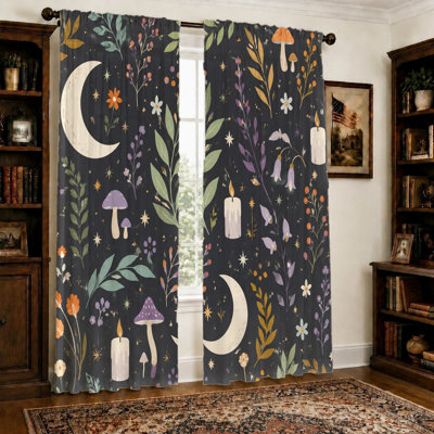 2 pièces rideaux floraux lune et champignon, tissu filtrant la lumière, thème céleste mystique rétro, protection de la vie privée pare-soleil, conception à passe-tringle, pour le salon, la chambre à coucher, le balcon, la cuisine
