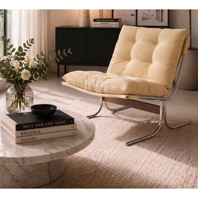 Mid-Century Modern Genuine Leather Accent Chair, Iconic Tufted Lounge Chair with Polished Stainless Steel Fram