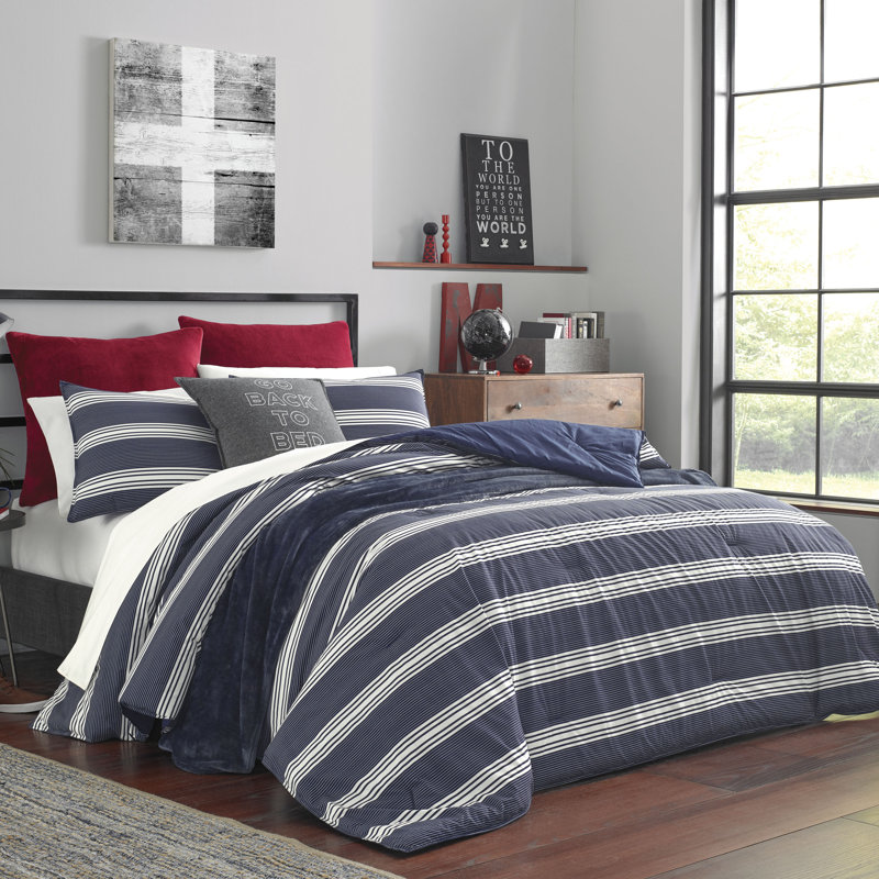Navy Blue and White Striped Cotton Twin Duvet Cover Set
