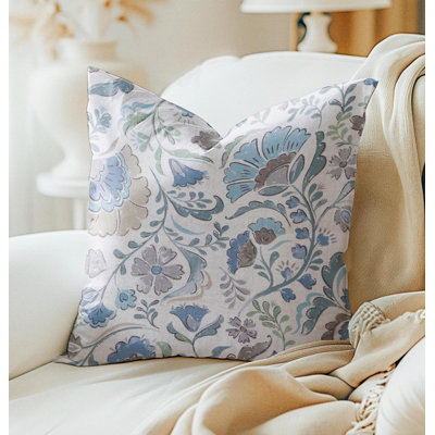 Denim Blue Floral Print Pillow Cover