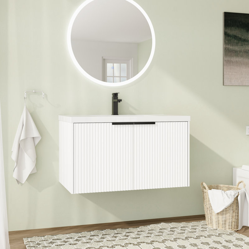 Meuble-lavabo flottant mural 36 po avec plateau en résine et porte à fermeture en douceur 36 po, Blanc