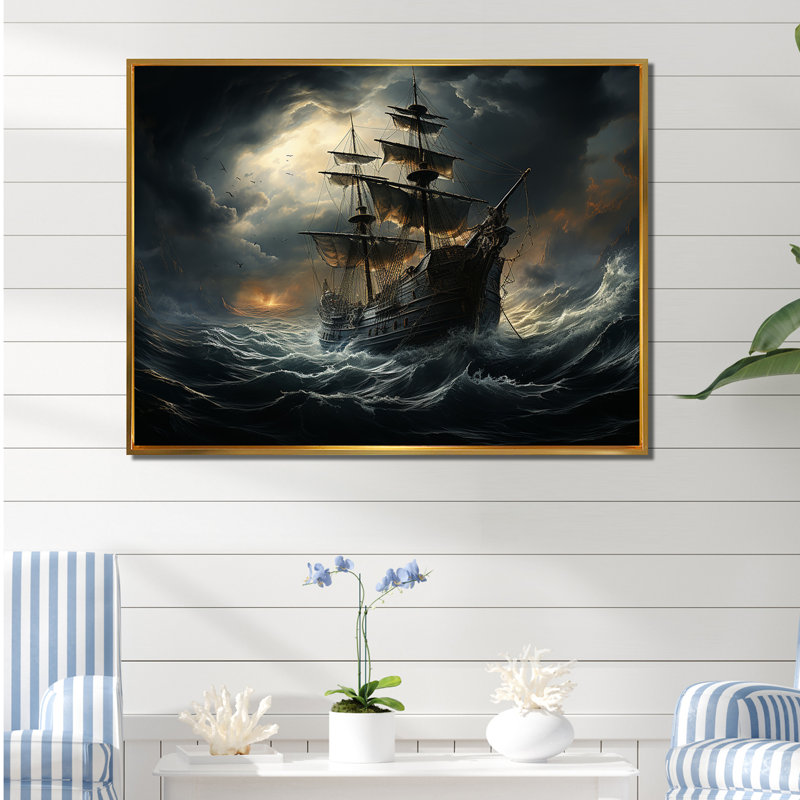 Pirate Ship At Stormy Seas - Art mural encadré pirate, Cadre flottant doré, H 16 po x l 32 po x P 1 po
