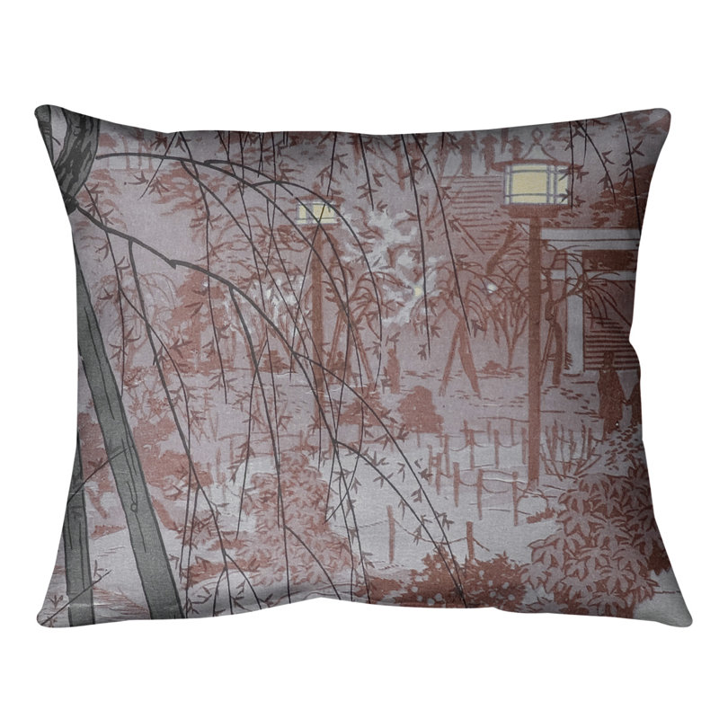 Coussin Misty Evening at Shinobazu Pond, 20 po x 14 po, Rouge, Bourre en polyester