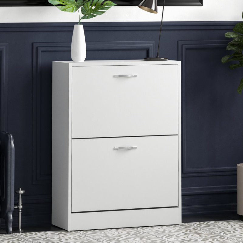 Drawer Flip Down Shoe Storage Free Standing Cabinet For Hallway, White, 80" H x 60" W x 24" D