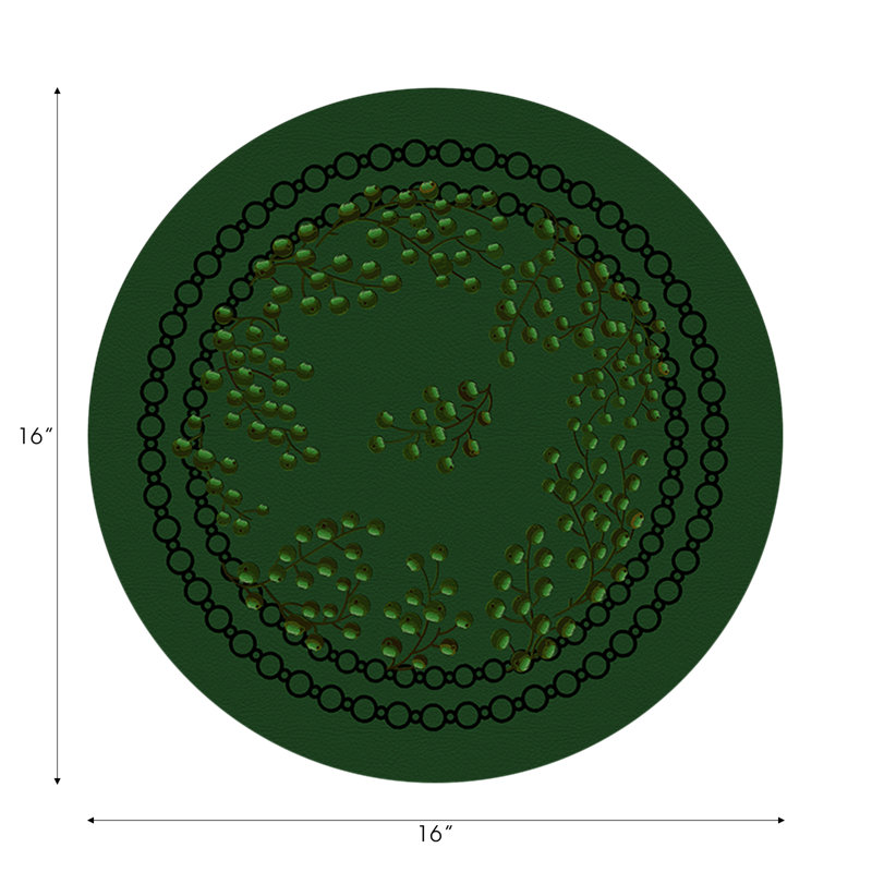 Christmas Berries Vegan Leather Round Pebble Placemat, Green