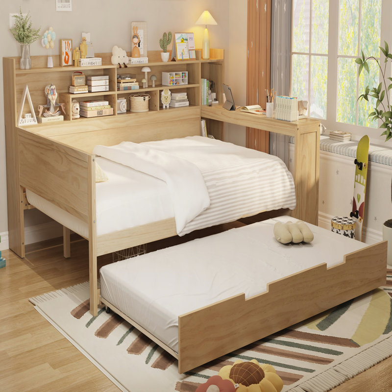 Lit de jour en bois avec tablettes de rangement, lit multifonctionnel avec lit gigogne et bureau, Simple, Blanc antique