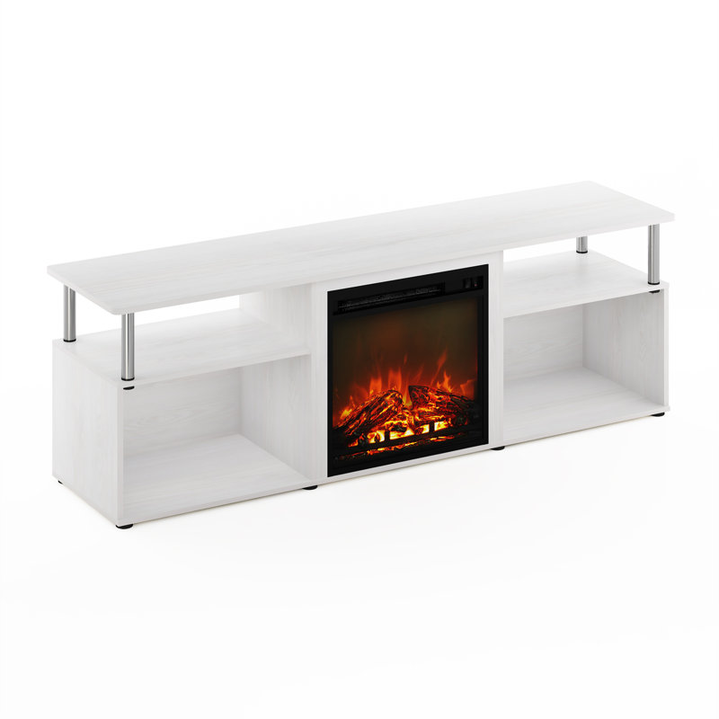 Nottoway TV Stand for TVs up to 70" with Electric Fireplace Included, White/Stainless Steel